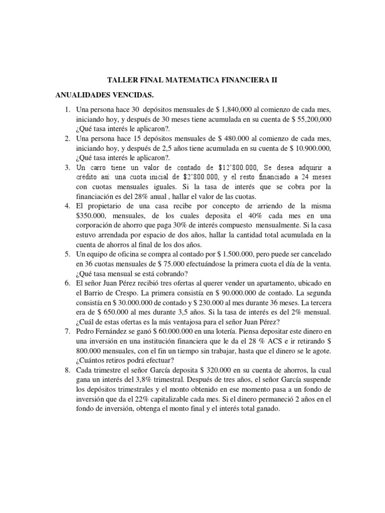 Ejercicios de Matemática Financiera II | PDF | Valor presente neto ...