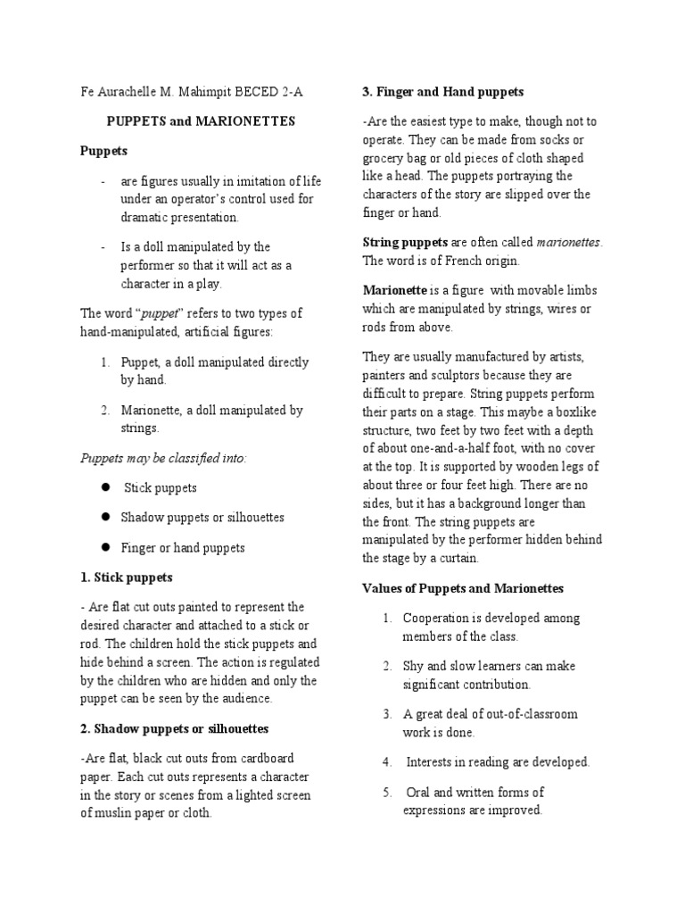 Puppets and Hand Outs PDF Puppets Puppetry