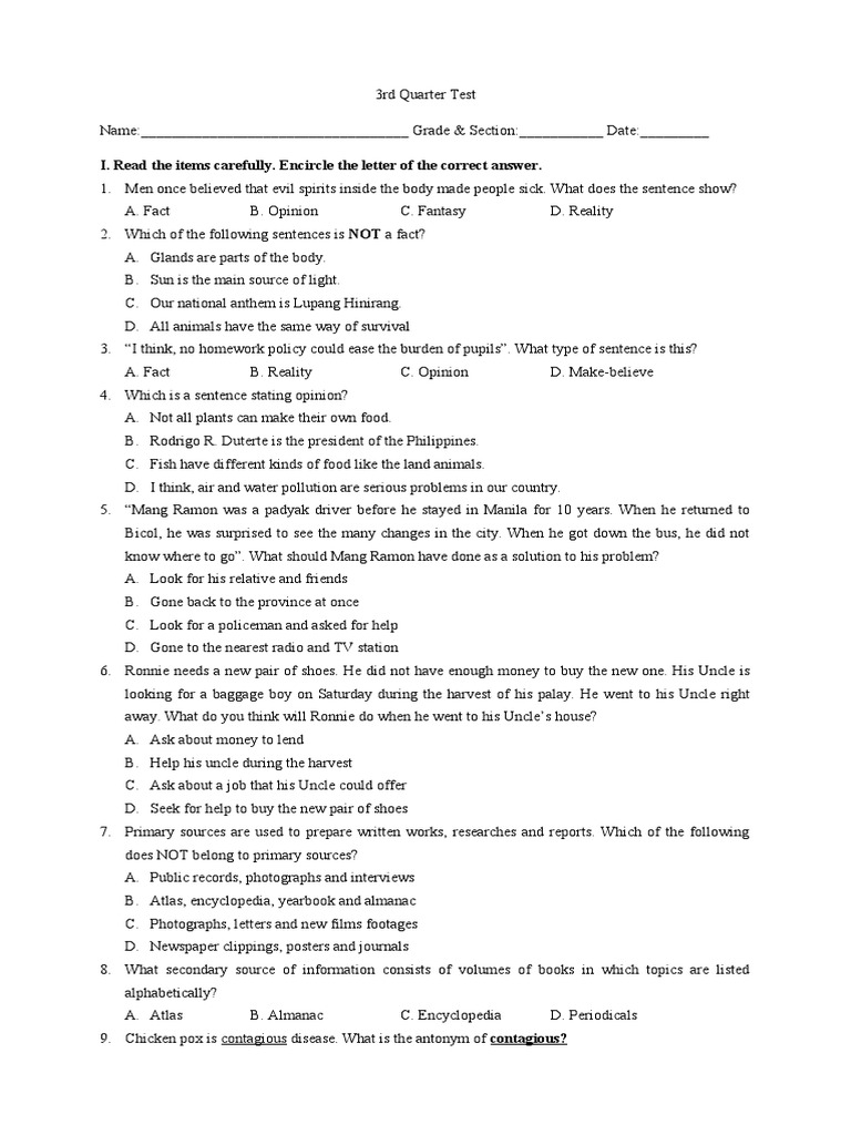 ENGLISH 3rd-Quarter-Test - GRADE 3 | PDF | Sheep | Pollution