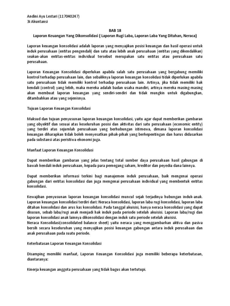 Bab 18 Laporan Keuangan Yang Dikonsolidasi Laporan Rugi Laba Laporan Laba Yang Ditahan Neraca