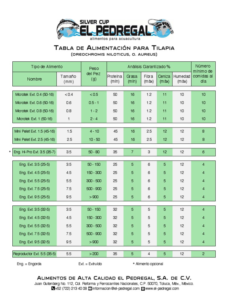 Tabla de alimentación tilapia Aficiones Comida y bebida