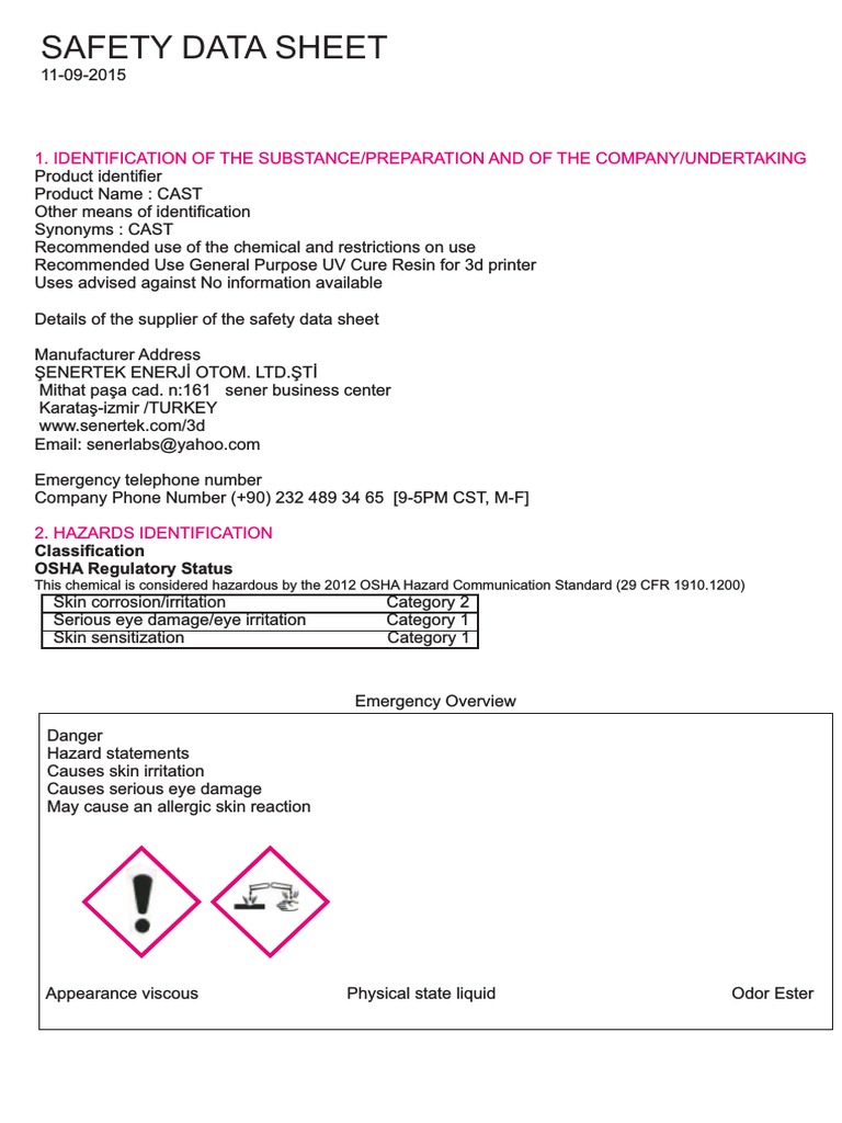 Safety Data Sheet for UV Cure Resin Used in 3D Printing PDF