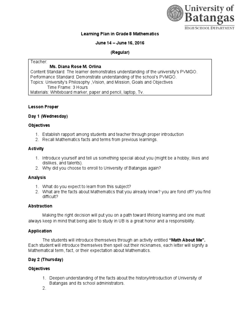 Grade 8 Math Learning Plan Overview | PDF