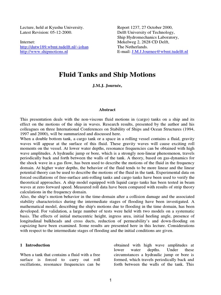 Fluid Motion in Ship Cargo Tanks | PDF | Waves | Ships