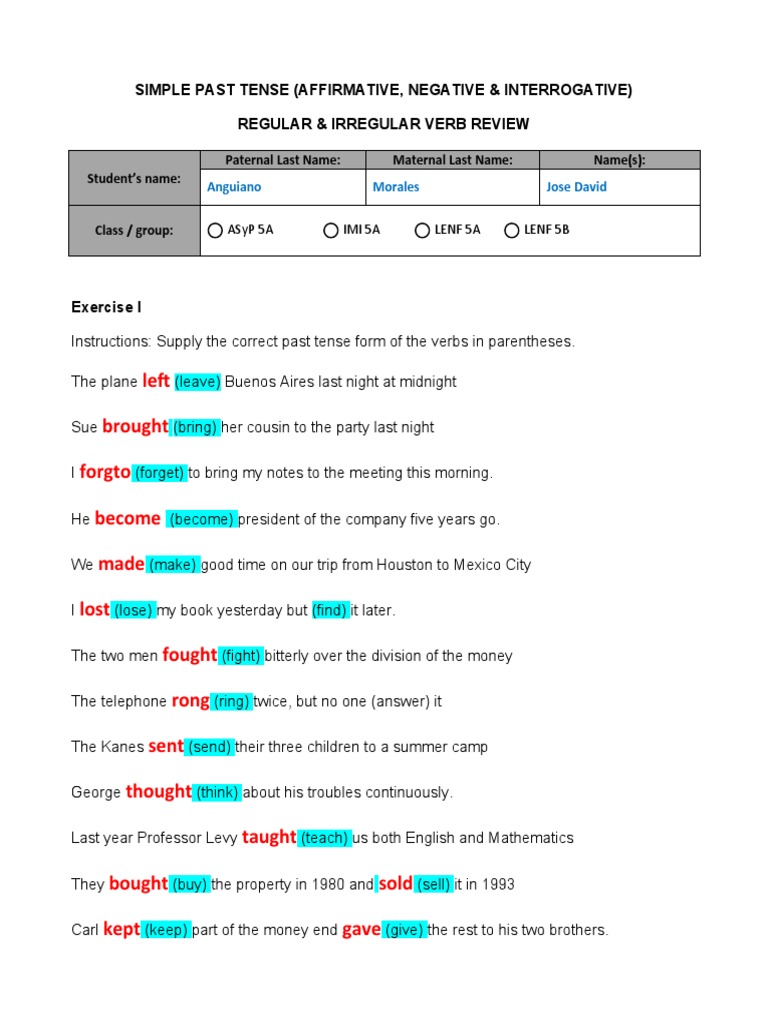 Simple Past Tense (Regular and Irregular Verbs) | PDF | Grammar ...