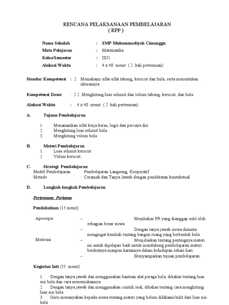 Rpp Matematika Kd 2 2c Kelas Ix