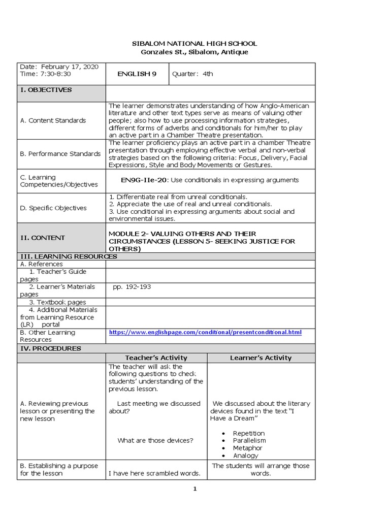 Grade 9 Conditional Lesson Plan | PDF | Learning | Communication