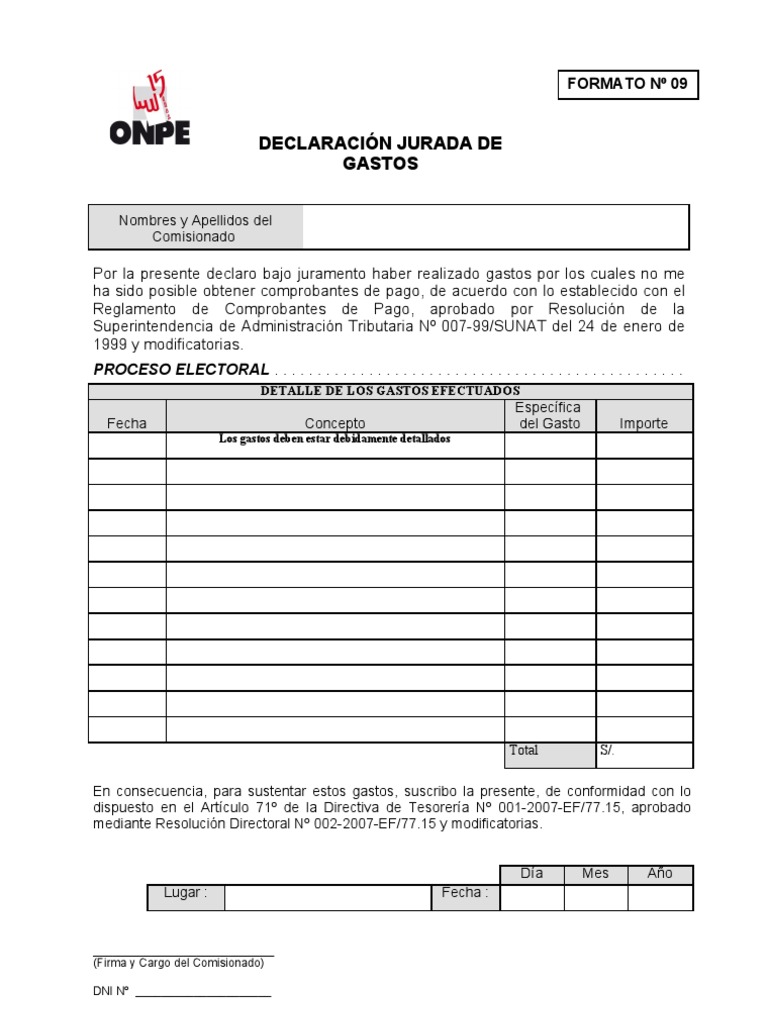Anexo 09 Declaracion Jurada de Gastos
