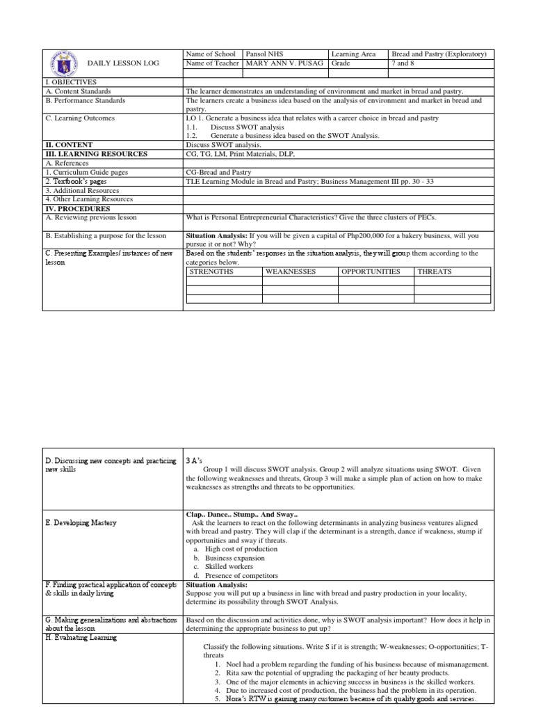 DLL BREAD AND PASTRY Swot PDF Swot Analysis Educational Psychology