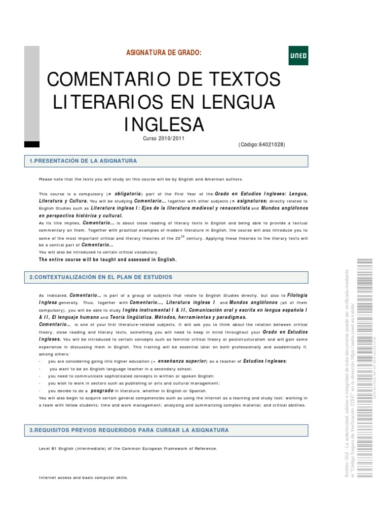 Comentario de Textos Literarios en Lengua Inglesa PDF Concept
