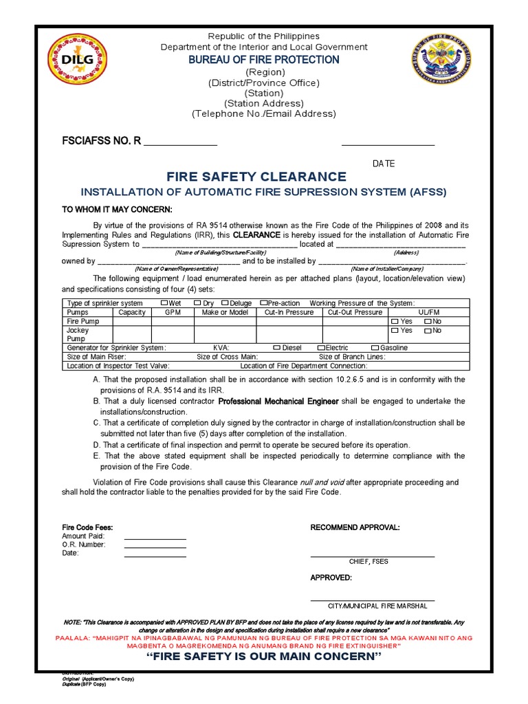 FSED 033 Fire Safety Clearance Installation of Automatic Fire Suppression System AFSS Rev01