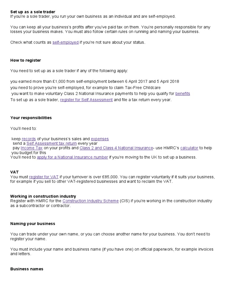 SelfEmployed Set Up As A Sole Trader PDF Sole Proprietorship
