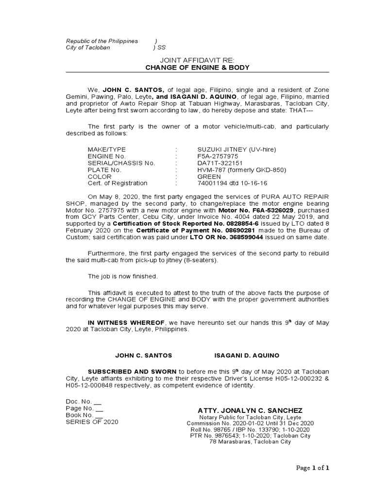 Affidavit for Engine and Body Change | PDF | Road Transport | Land ...