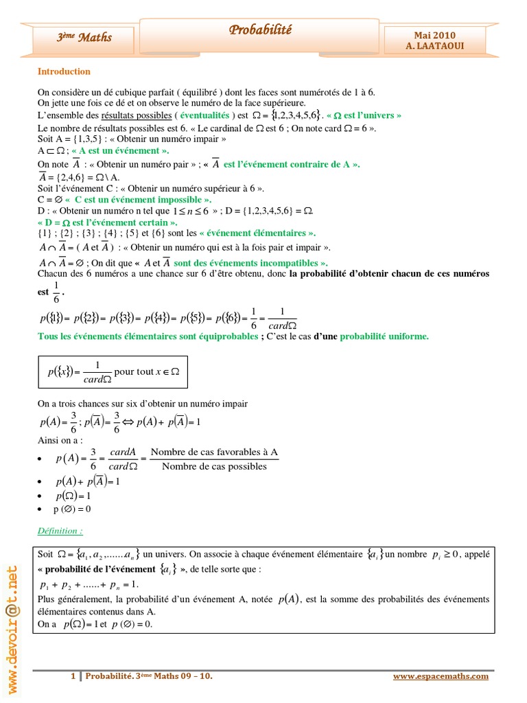 Probabilités en 3ème Maths | PDF | Dé | Probabilité