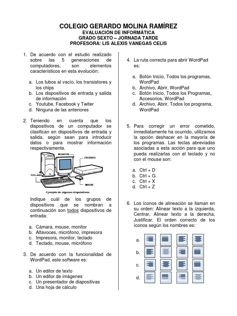 Evaluacion de Informatica para Sexto Grado PDF | PDF | Archivo de ...