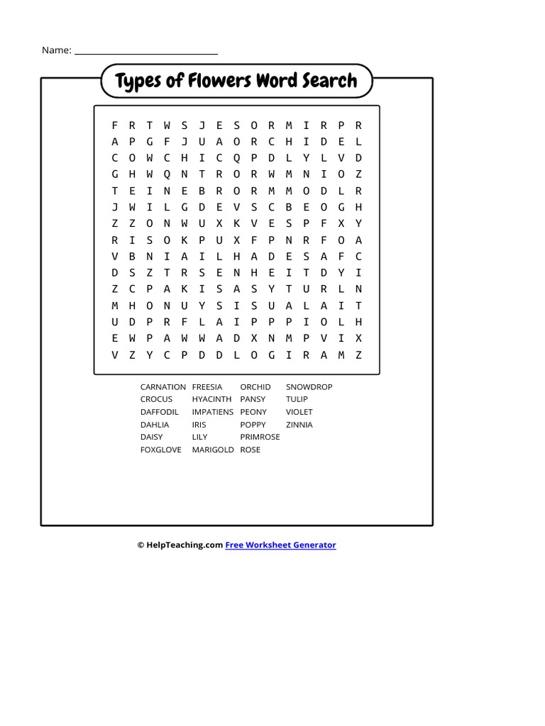 Types of Flowers Word Search Worksheet Generator PDF