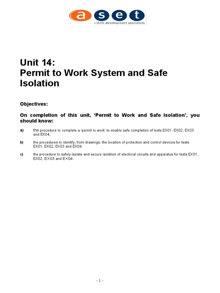 Unit 14 PWT and Safe Isolation | PDF | Prevention | Occupational Safety ...