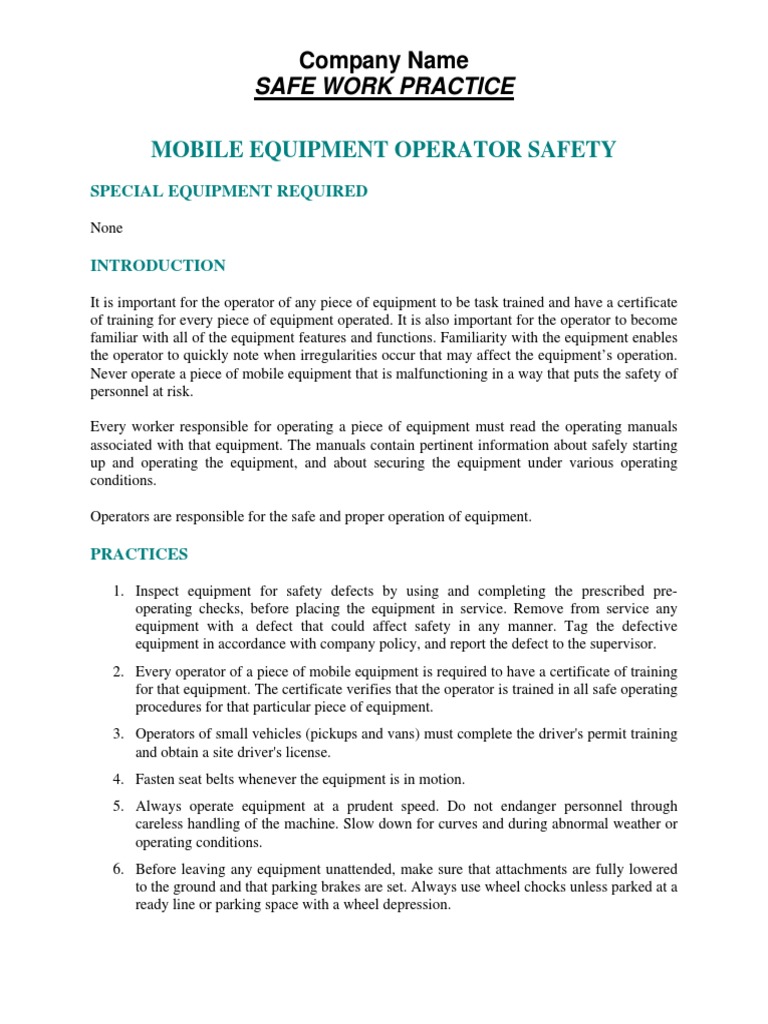 Mobile Equipment Operator Safety PDF Prevention Safety