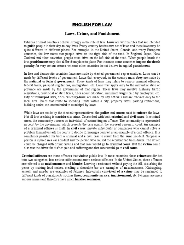 English For Law Laws, Crime, and Punishment PDF Misdemeanor Felony