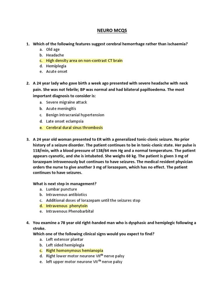 Neurology MCQs for Medical Students | PDF | Epilepsy | Headache