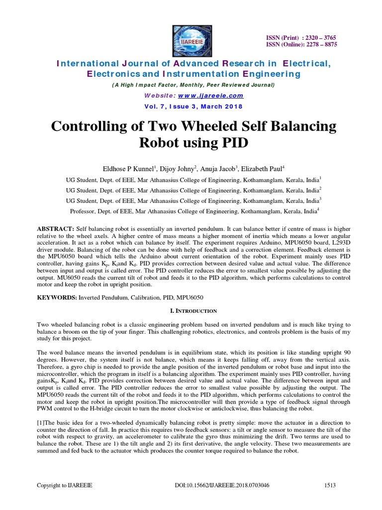 Controlling of Two Wheeled Self Balancing Robot Using PID | PDF ...