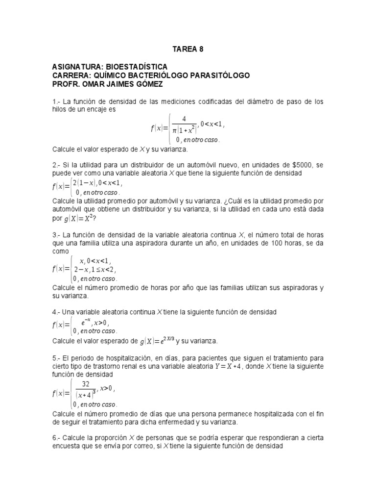 Tarea 8 de Bioestadística (QBP) 2020 PDF Diferencia Función de