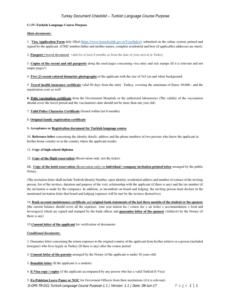 Turkey Document Checklist - Turkish Language Course Purpose | PDF 