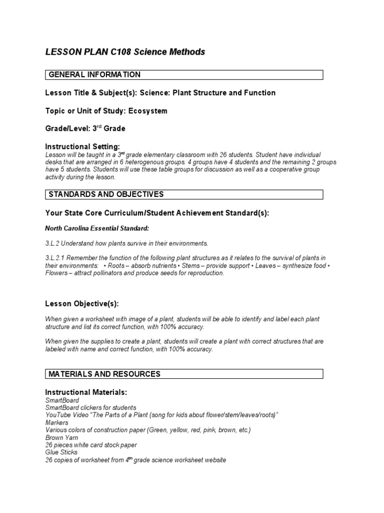 3rd Grade Plant Structure Lesson Plan | PDF | Educational Assessment ...