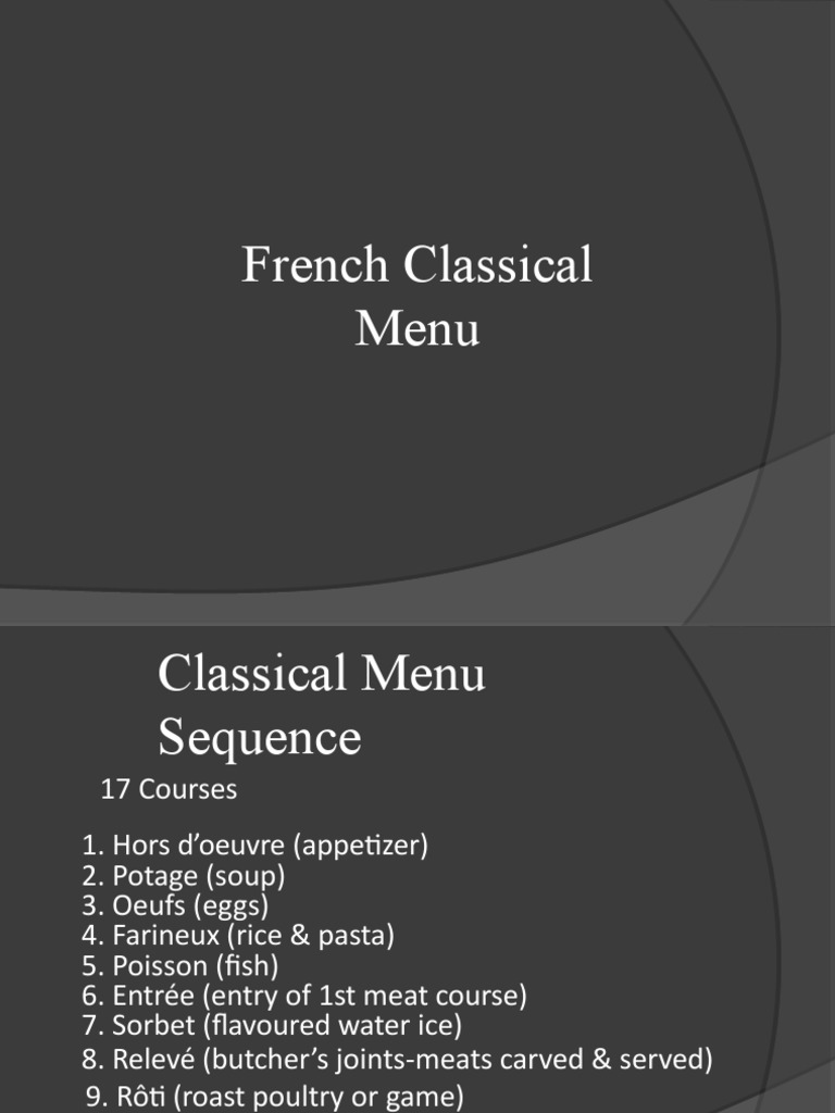 17-Course French Classical Menu Guide | PDF | Hors D'oeuvre | Desserts