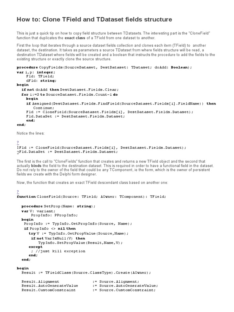 Clone TField & TDataset Guide | PDF | Parameter (Computer Programming ...