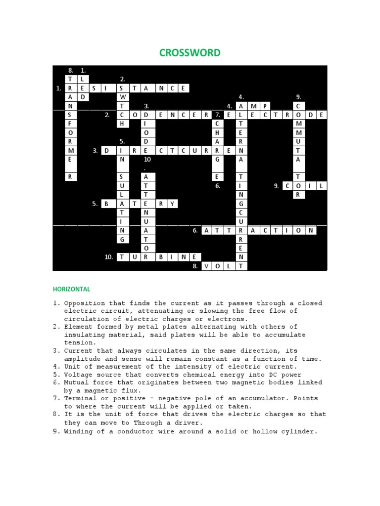 CROSSWORD PDF Electric Current Electricity