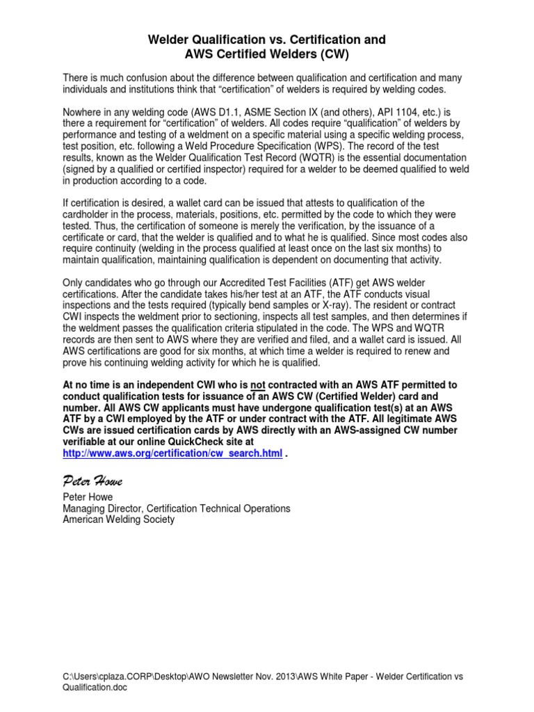 AWS White Paper Welder Certification Vs Qualification PDF Joining