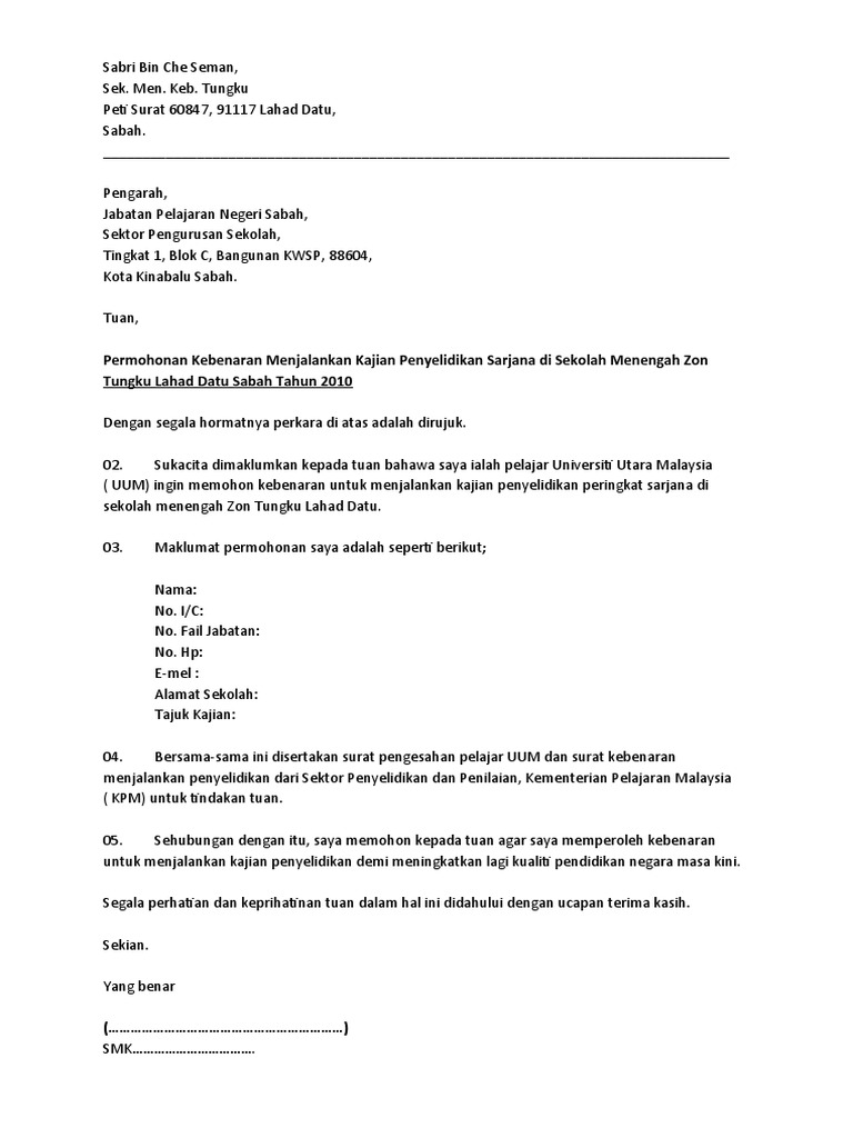 Surat Kebenaran Penyelidikan Tesis Uum 2010 Edaran Kawan