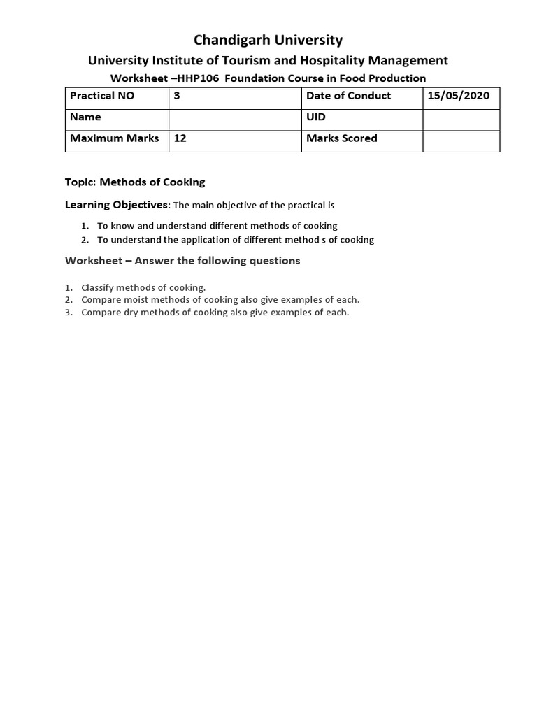 Cooking Methods Practical Worksheet | PDF