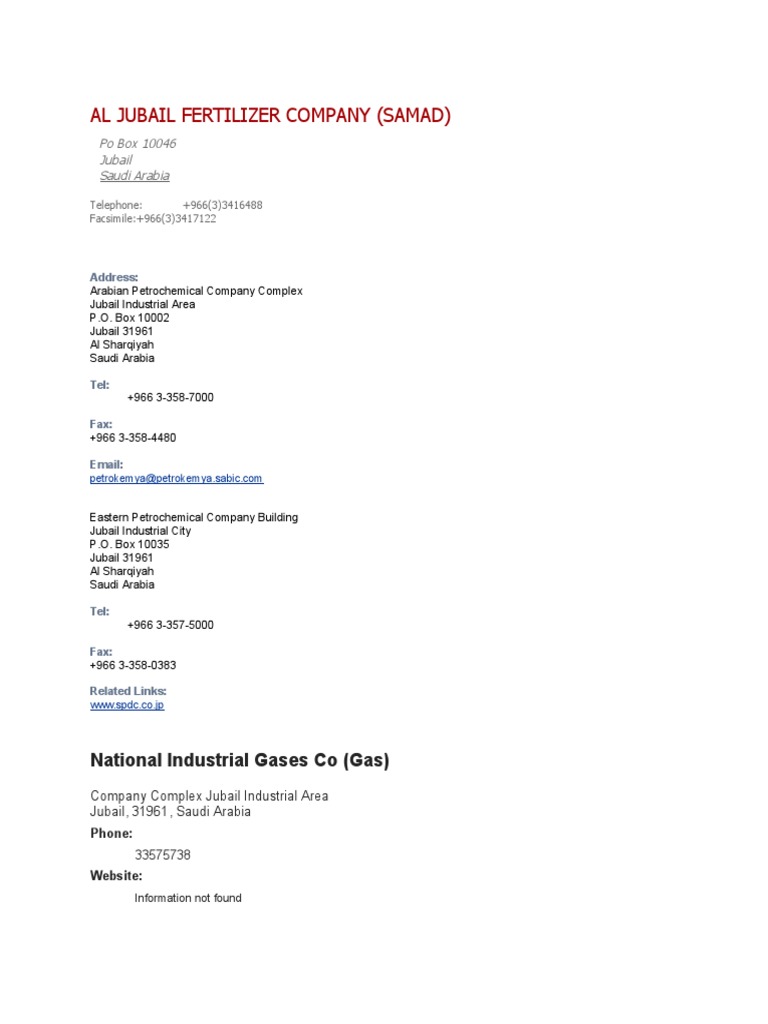 Al Jubail Fertilizer Company (Samad) : Po Box 10046 Jubail Saudi Arabia ...