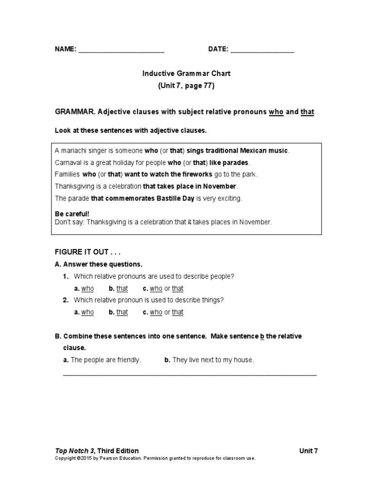 Unit 7 Lesson 1 Inductive Grammar Charts (Portfolio) | PDF