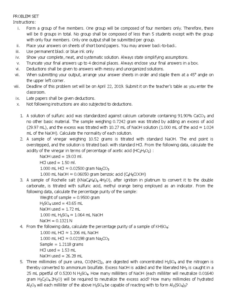 CHEM 1221 Neutralization Titration Problem Set PDF Titration