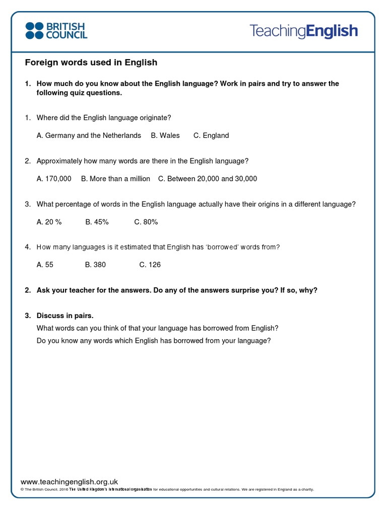 Student Worksheet Foreign Words Used in English PDF French Language English Language
