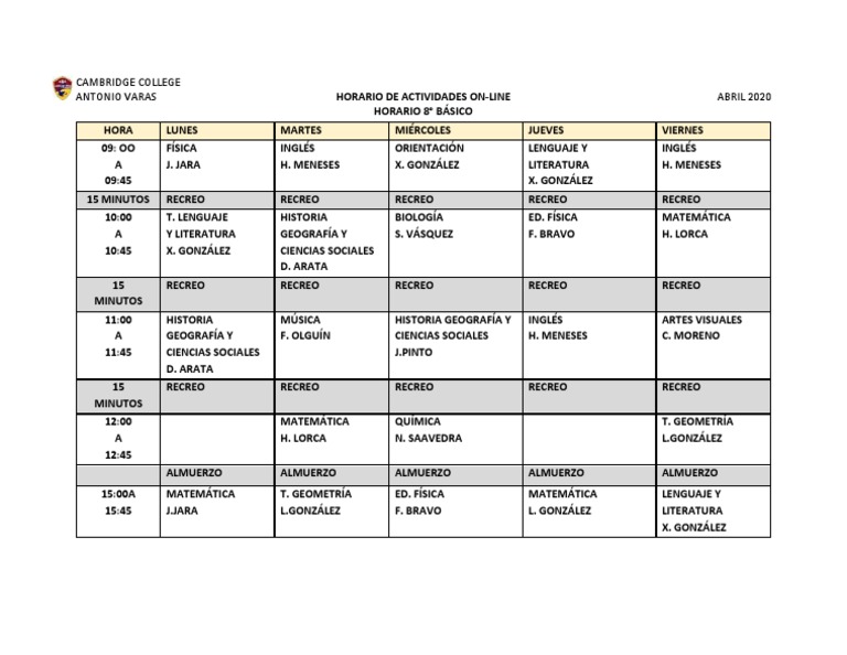 Horario Final 8° Básico PDF | PDF | Estudios de idiomas extranjeros