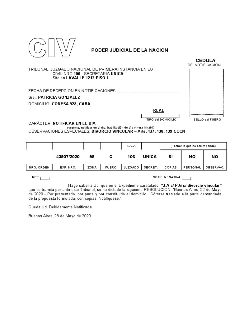 Notificación Judicial de Divorcio | PDF | Gobierno | Justicia