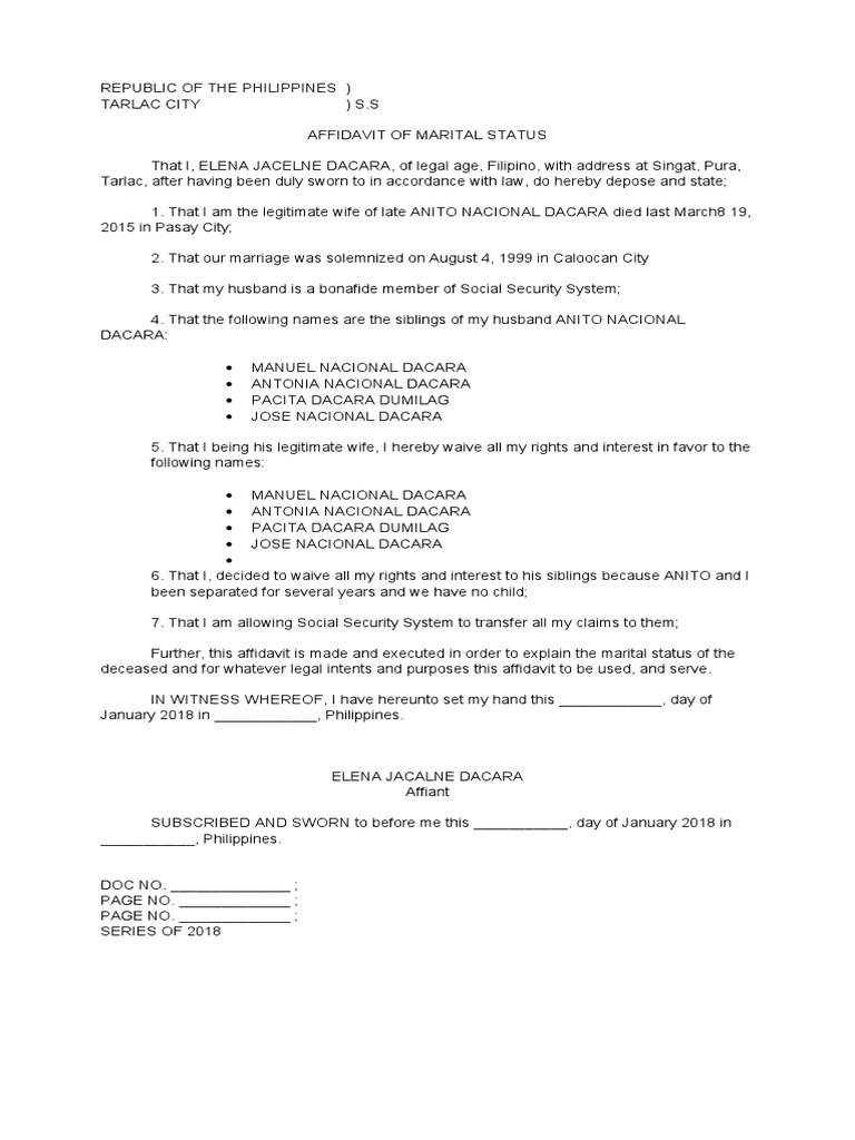 Republic of The Philippines Affidavit of Marital Status PDF