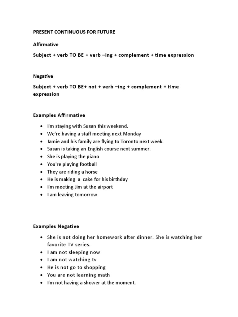 Present Continuous For Future Affirmative Subject + Verb TO BE + Verb ...