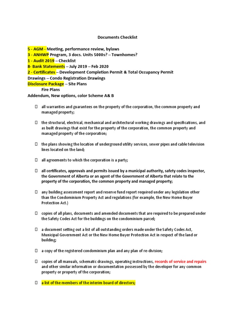 Documents Checklist | PDF | Condominium | Corporations