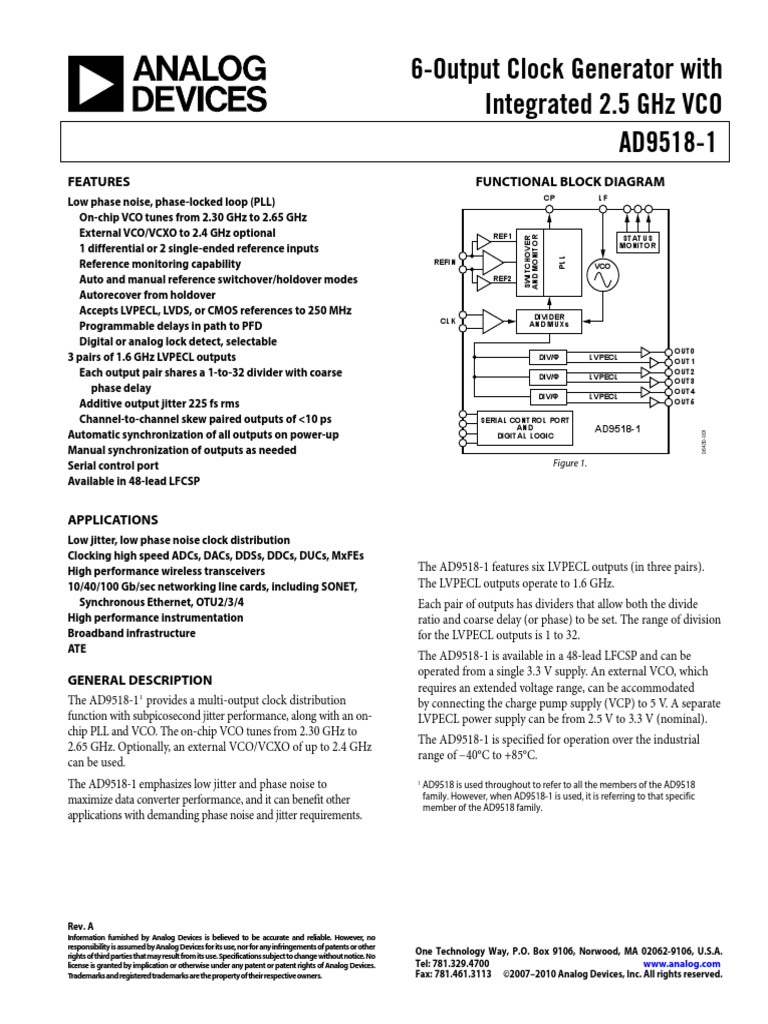 6Output Clock Generator With Integrated 2.5 GHZ Vco Ad95181 PDF