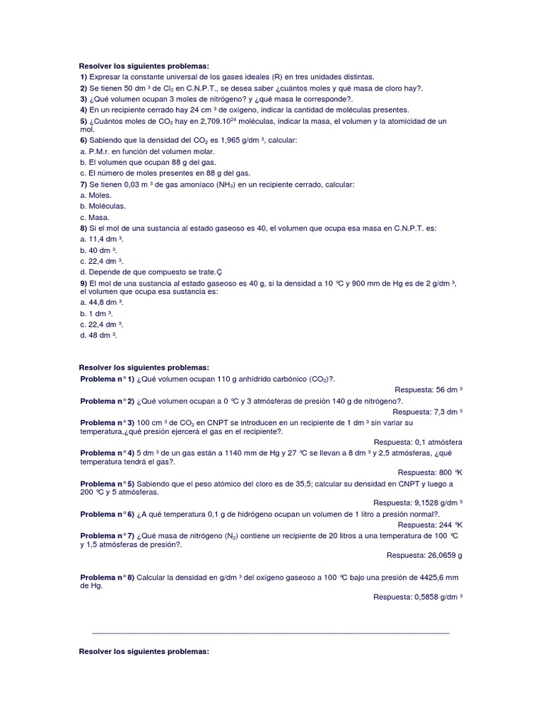 Ejercicios sobre la Ley de Gases Ideales | PDF | Gases | Mole (Unidad)