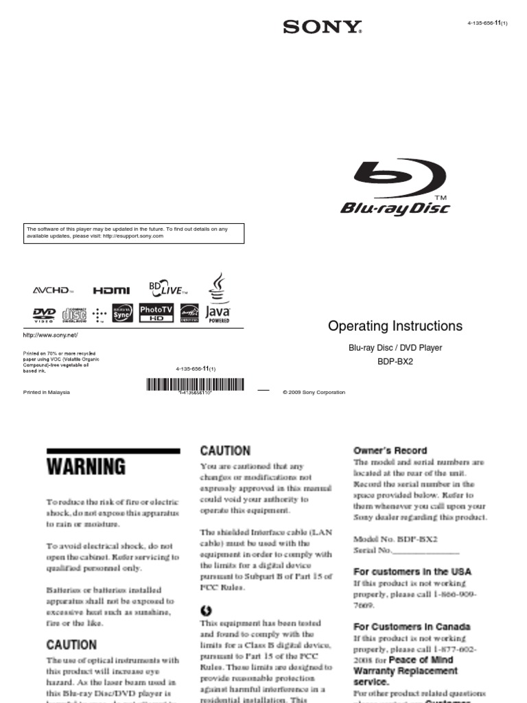 Sony Blu Ray DVD Player BDPBX2 US PDF Hdmi Blu Ray