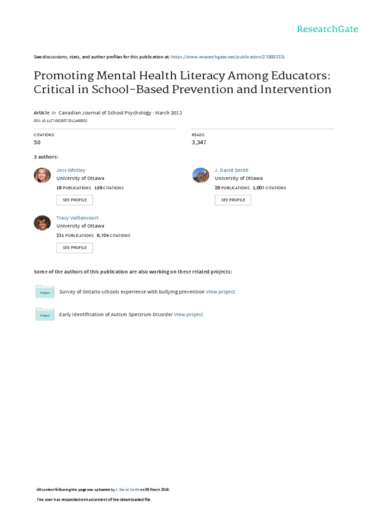 Promoting Mental Health Literacy Among Educators: Critical in School ...