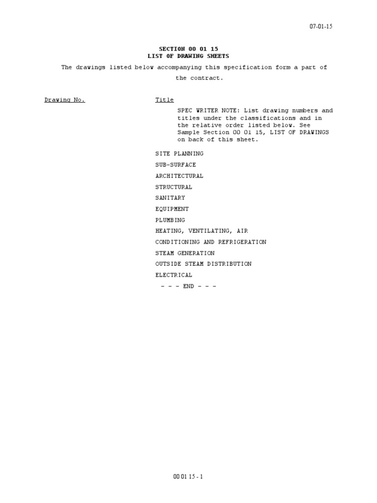 SECTION 00 01 15 List of Drawing Sheets PDF