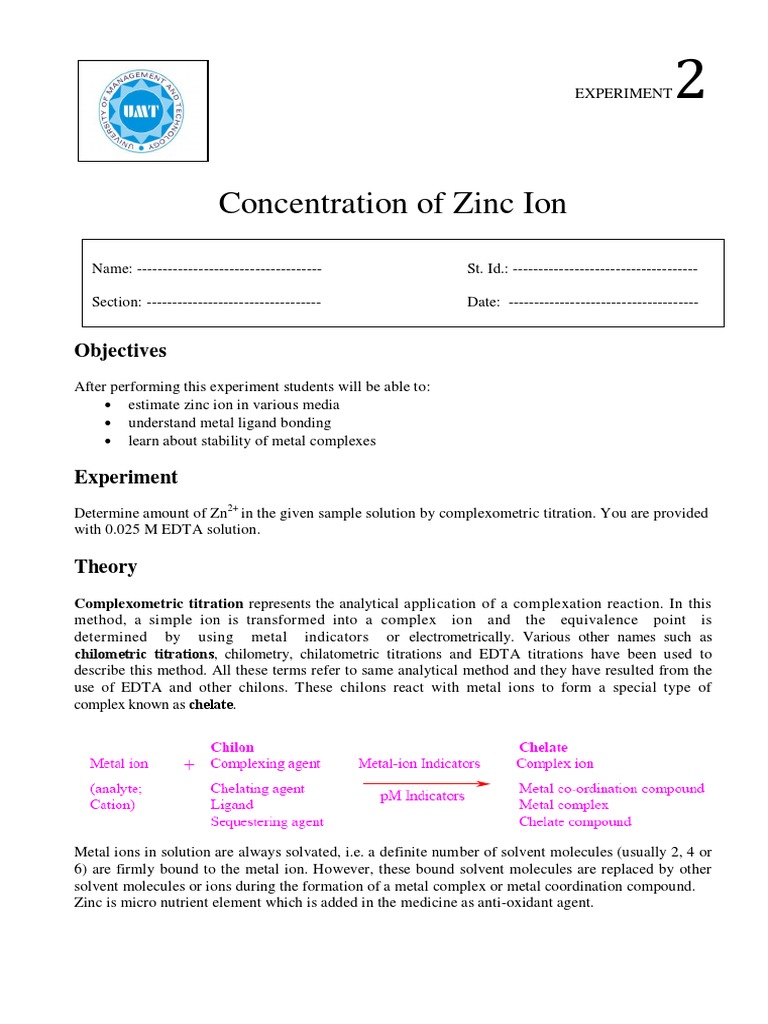 Determination of Zinc Ion Concentration Through Complexometric