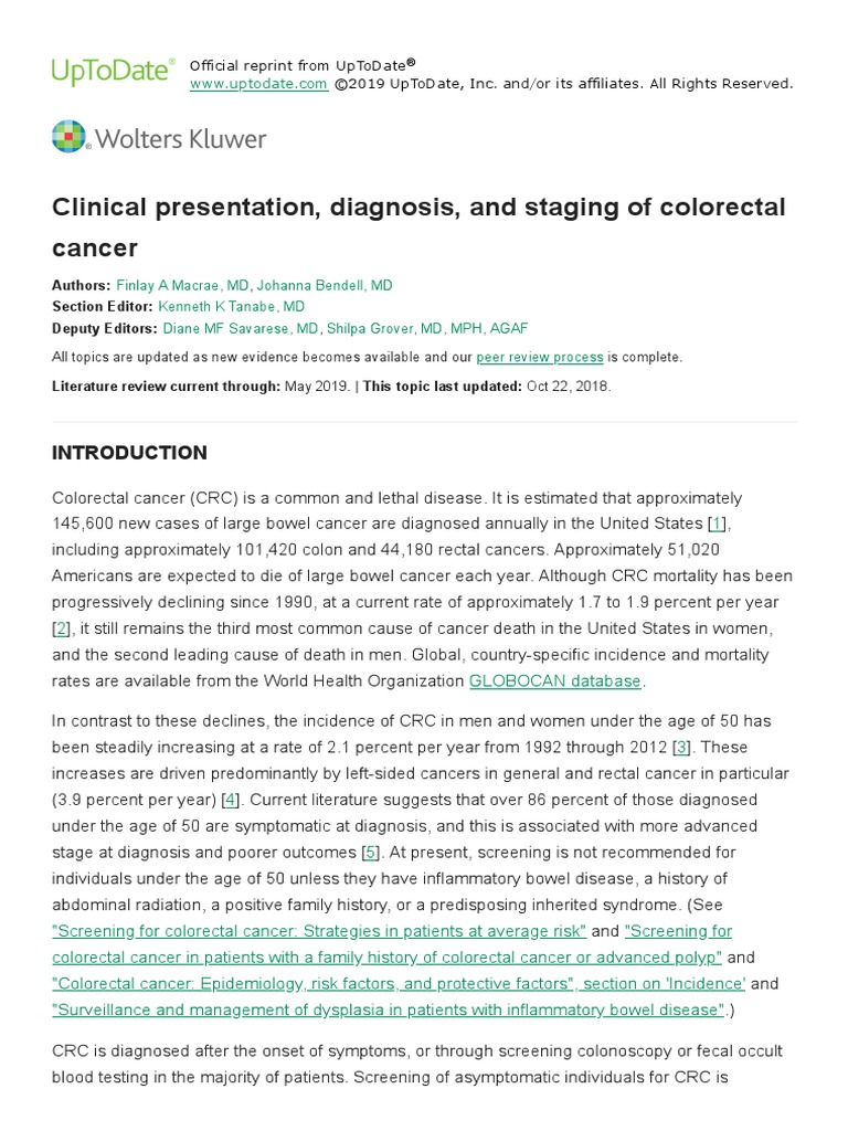 Clinical Presentation, Diagnosis, and Staging of Colorectal Cancer ...